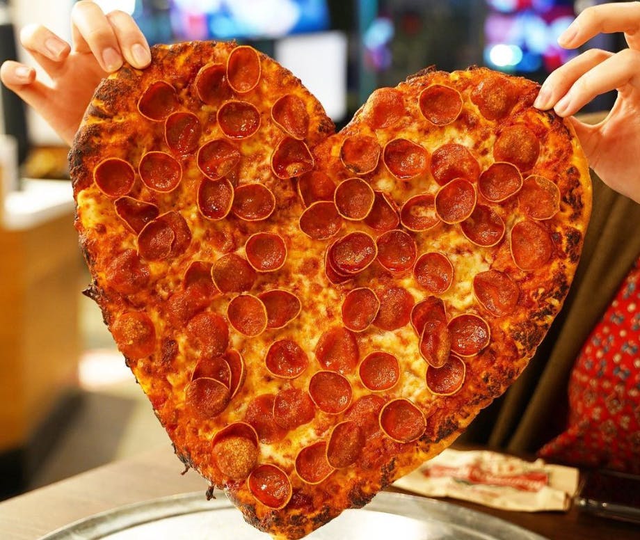 A heart shaped pizza from mountain mikes