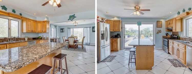 Two perspectives of a kitchen before remodel