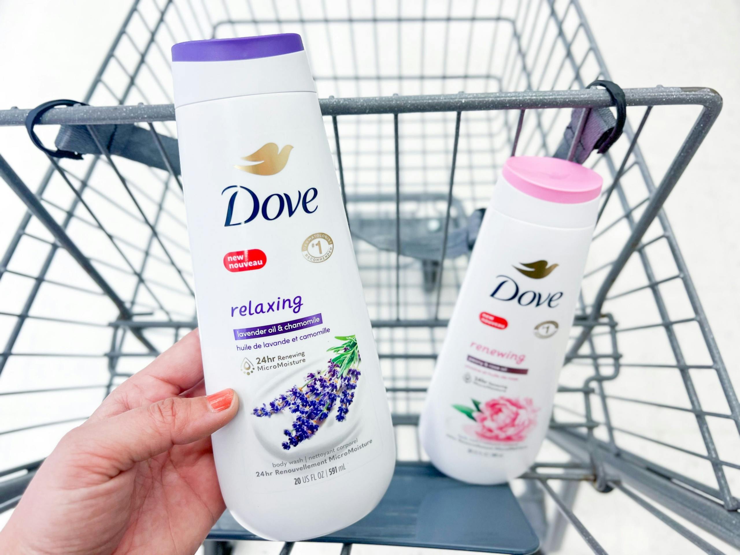 two bottles of dove body wash in cart