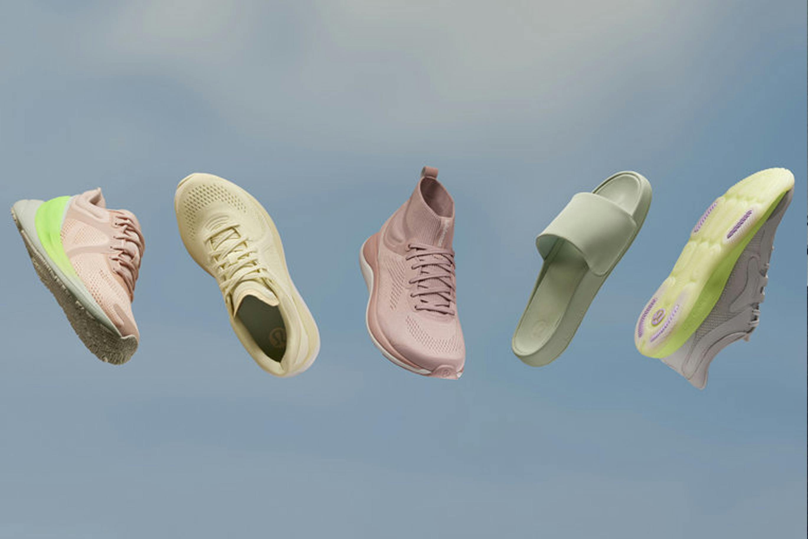 different shoes from lululemon floating on a sky background
