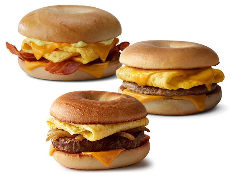 mcdonalds steak, bacon, and sausage, egg, and cheese bagels