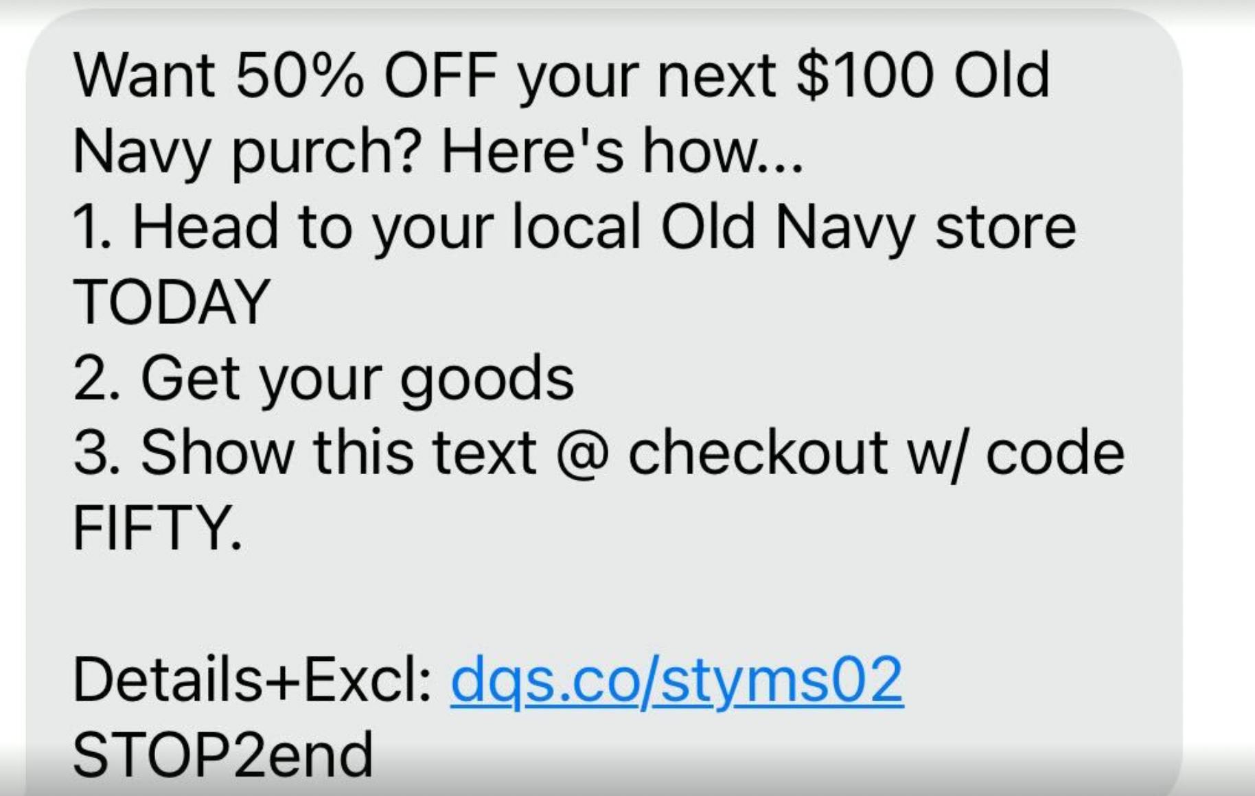 old navy text to save $50