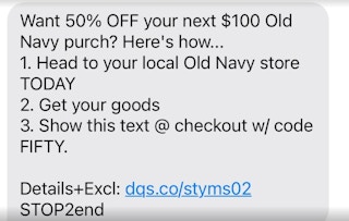 old navy text to save $50
