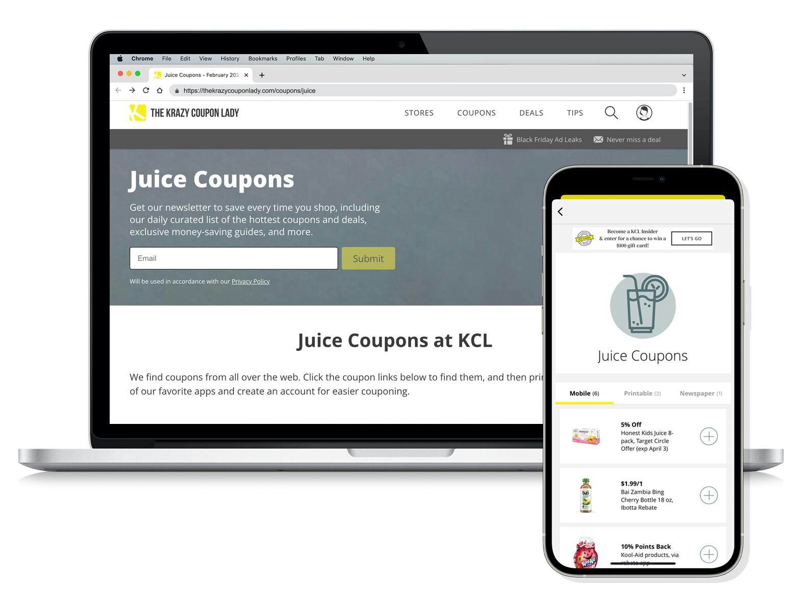 laptop and iphone screenshots of the Krazy coupon lady juice coupons