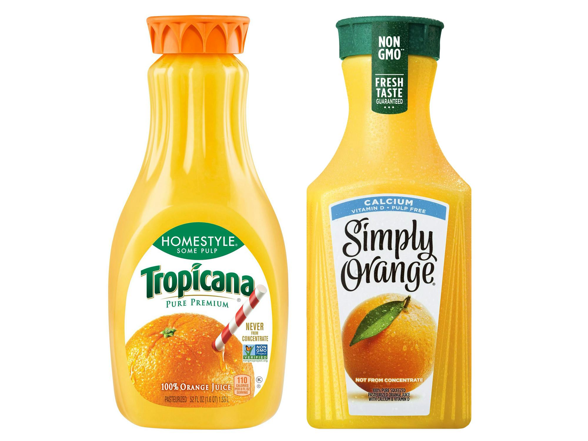 bottles of tropicana homestyle and simply orange juice with calcium