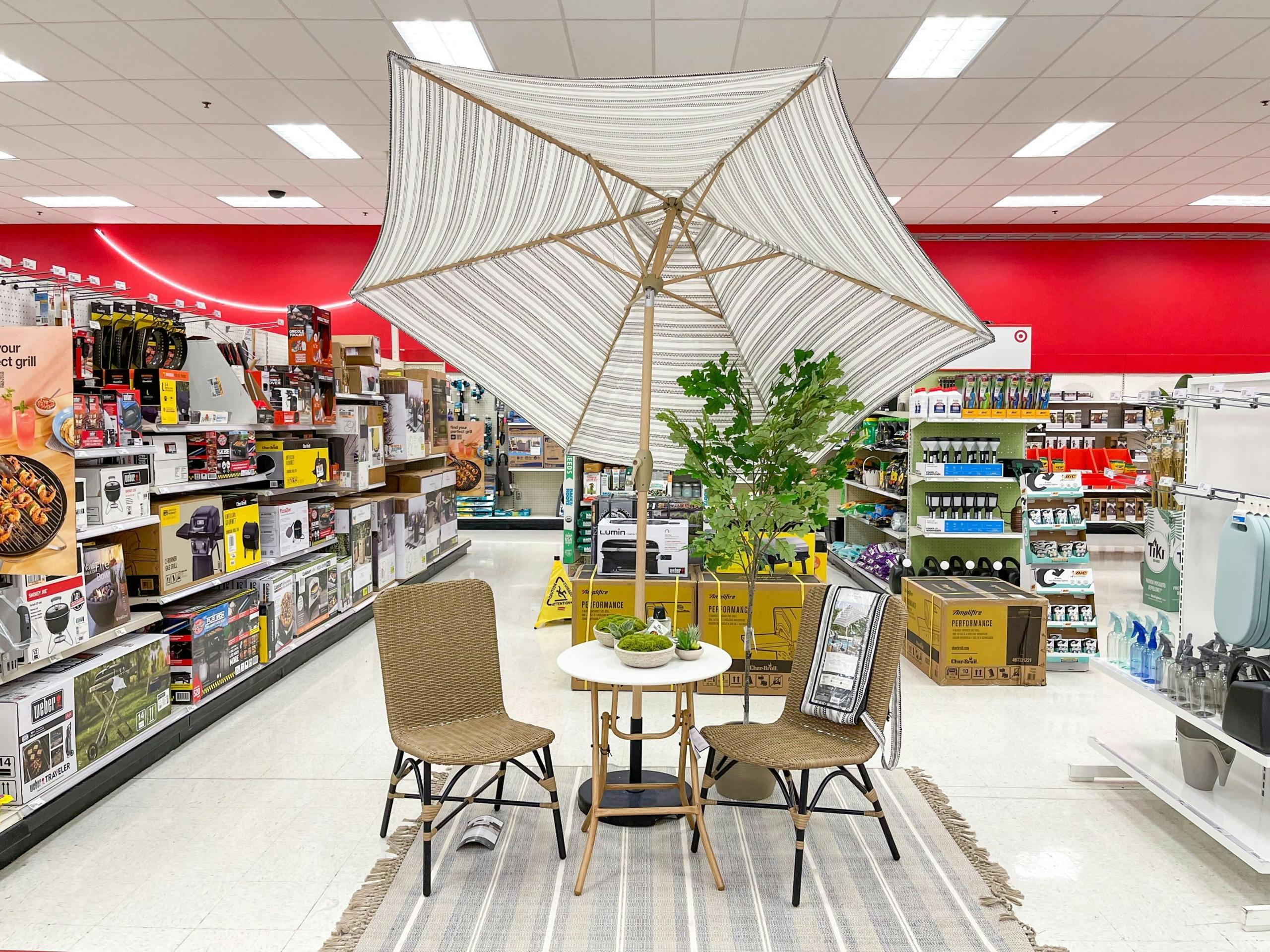 A patio set up in a store.