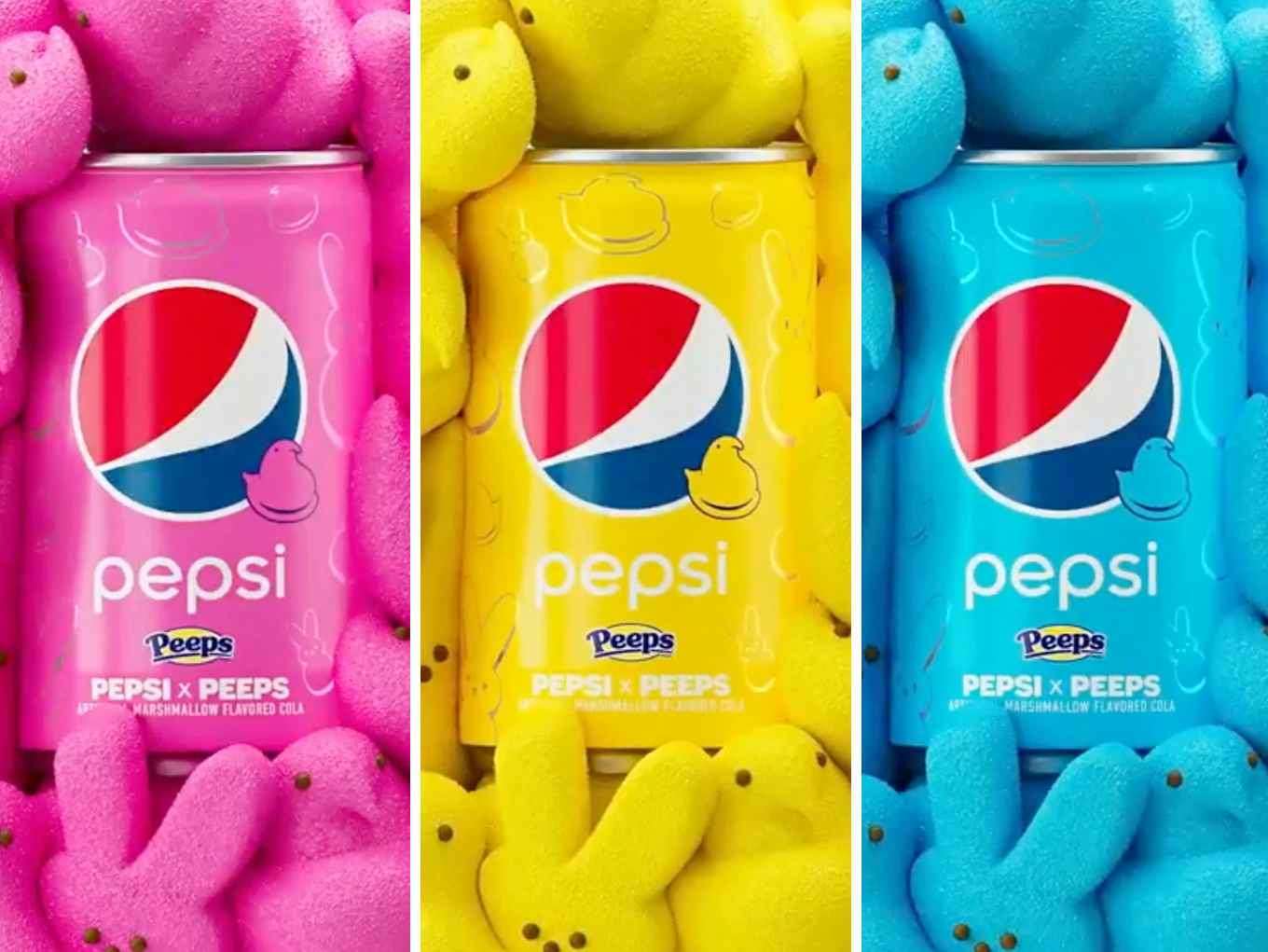 pepsi peeps collaboration showing pink yellow and blue cans