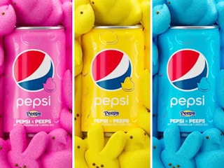 pepsi peeps collaboration showing pink yellow and blue cans