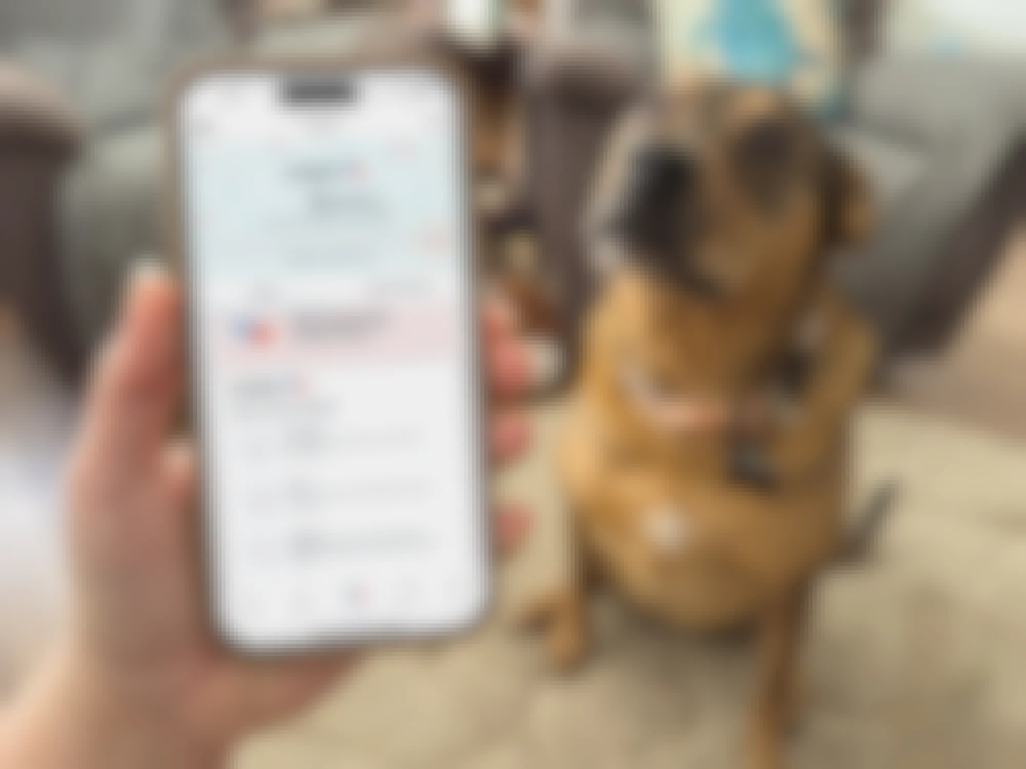 Someone holding a phone displaying the Treats rewards page on the Petsmart app