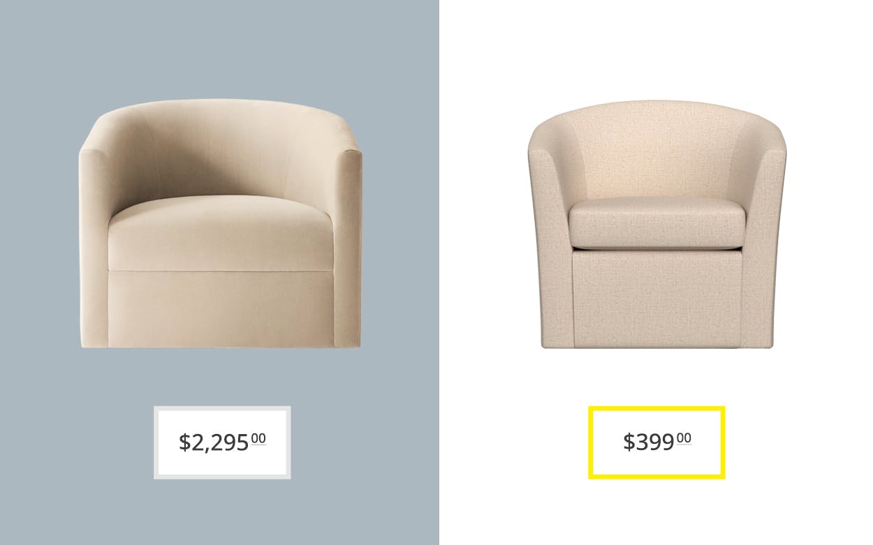 price comparison graphic showing restoration hardware arrondi and pottery barn's hyde upholstered swivel armchairs