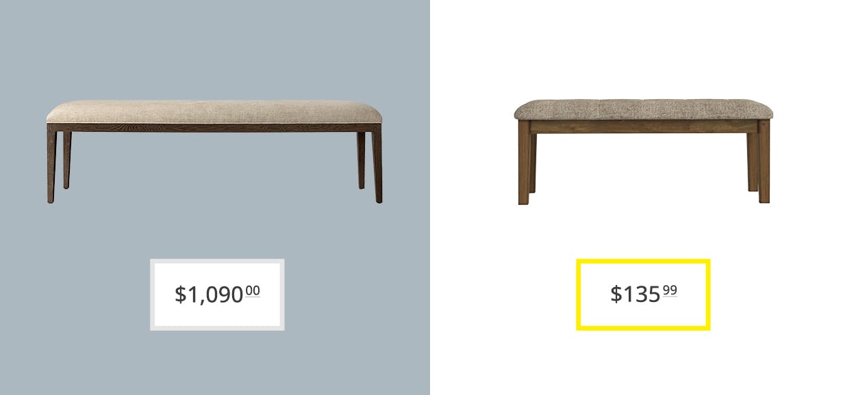 price comparison graphic showing restoration hardware french contemporary end-of-bed and wayfair's foundstone cab upholstered benches