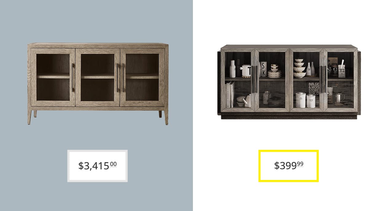 restoration hardware dupes - price comparison graphic showing restoration hardware french contemporary triple-door sideboard and amazon's belleze buffet cabinet