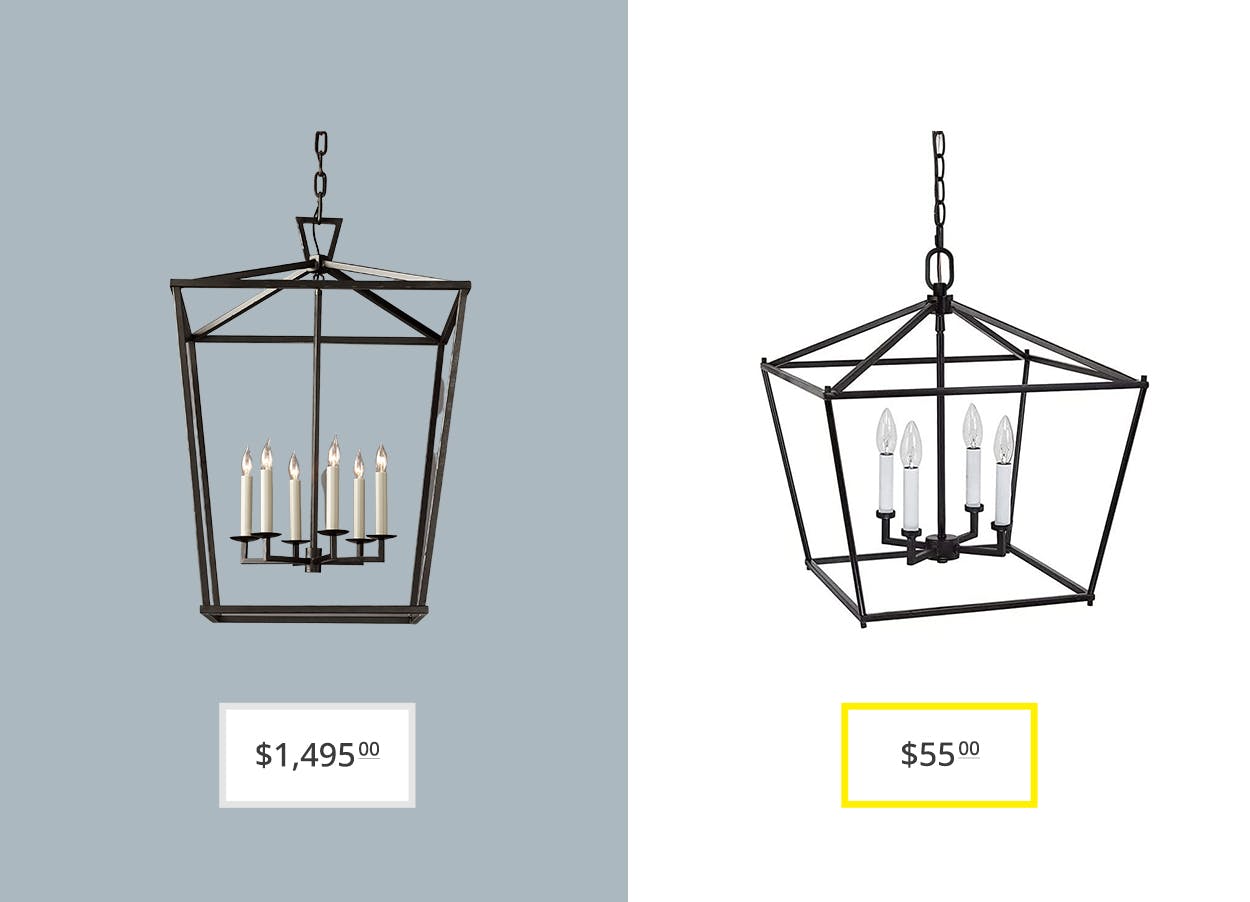 price comparison graphic showing restoration hardware english openwork pendant and amazon's vintage farmhouse 4-light chandelier