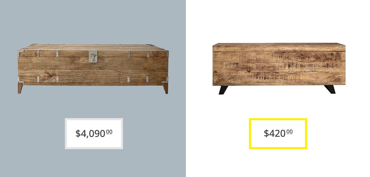 price comparison graphic showing restoration hardware cayden campaign trunk table and joss and main's dinora coffee table