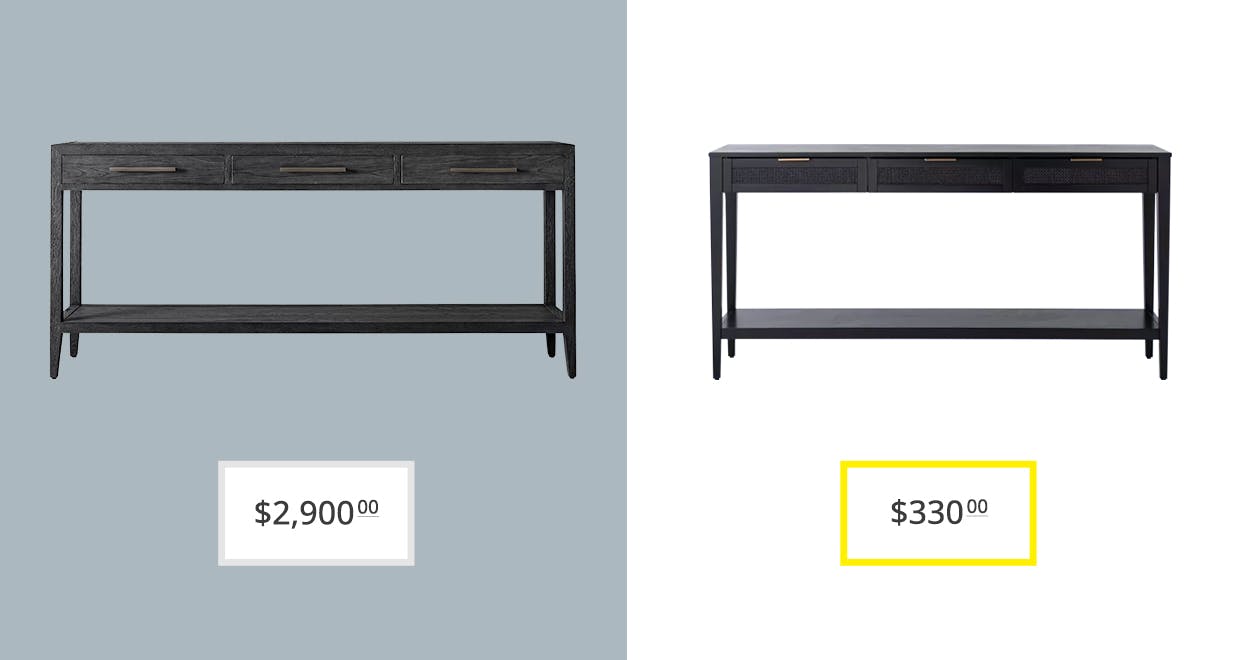 price comparison graphic showing restoration hardware french contemporary 4-door media console and target's tillman rectangular tv stand