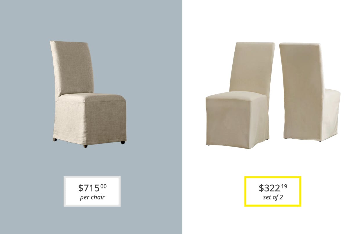 restoration hardware dupes - price comparison graphic showing restoration hardware hudson parsons slipcovered dining side chair and overstock's potomac slipcovered parsons chairs set of two
