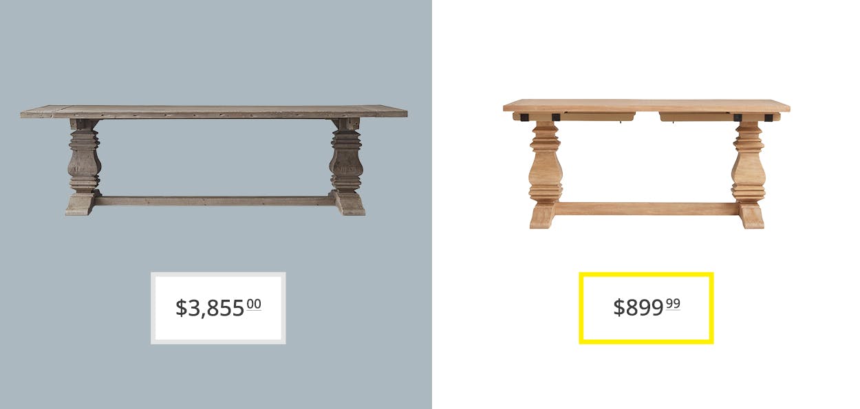 price comparison graphic showing restoration hardware salvaged wood tressle extension and world market's avila washed natural wood extension dining tables