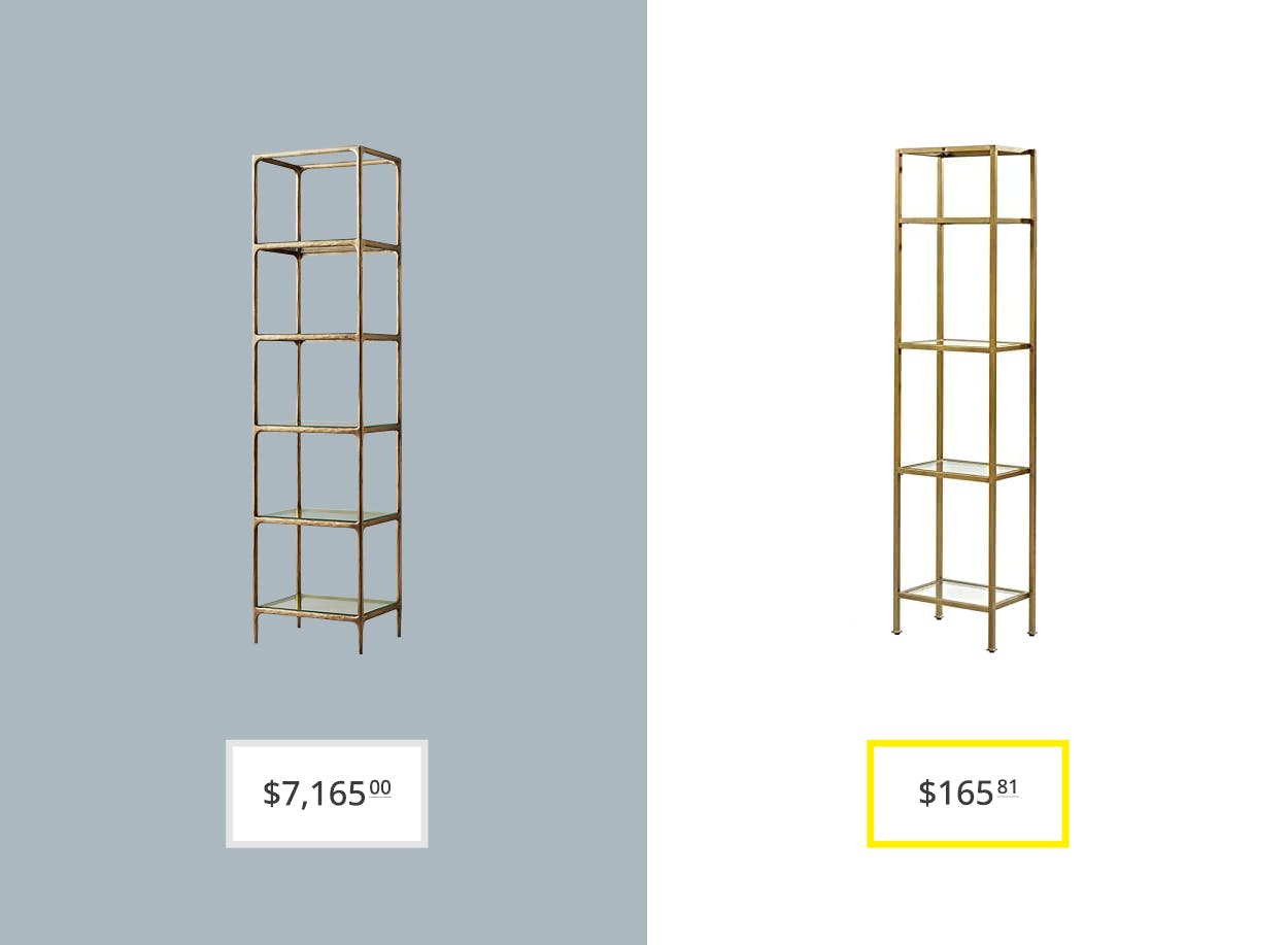 price comparison graphic showing restoration hardware thaddeus narrow glass open shelving and amazon's crosley furniture freestanding shelves