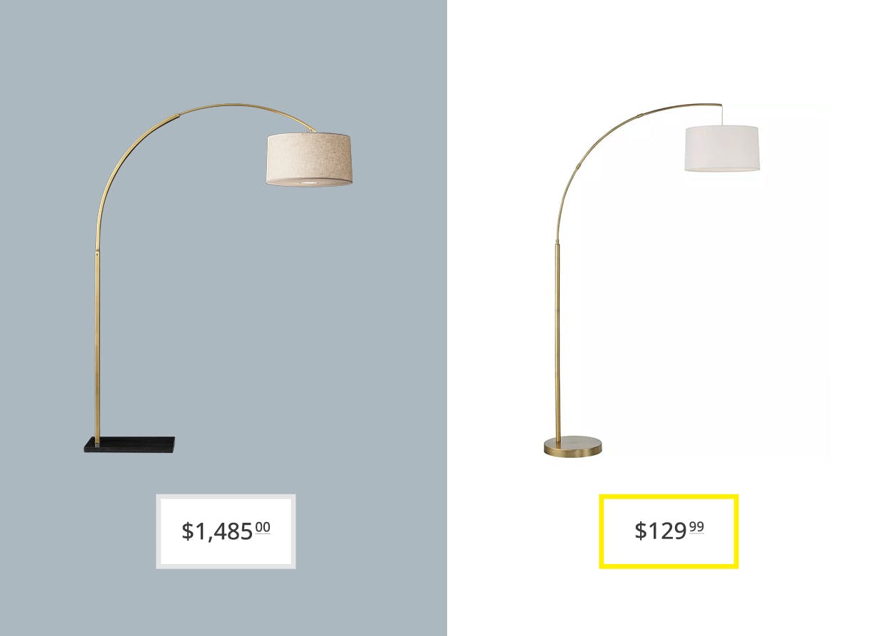 price comparison graphic showing restoration hardware arc and target's midcentury modern arc floor lamps