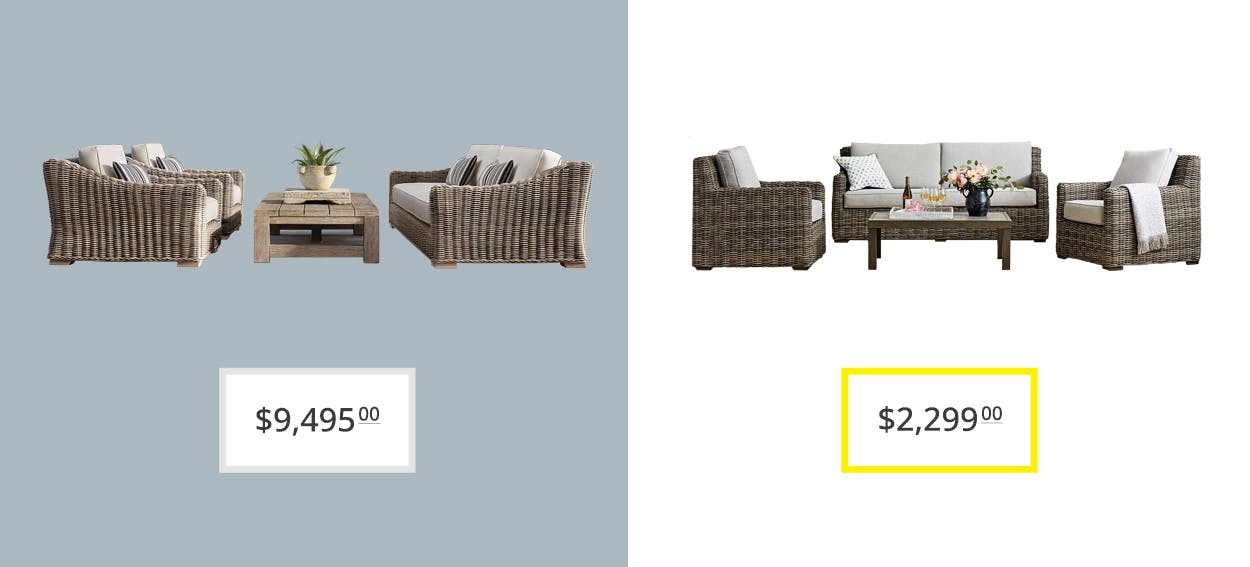 price comparison graphic showing restoration hardware provence and sam's club member's mark halstead 4-piece outdoor seating sets