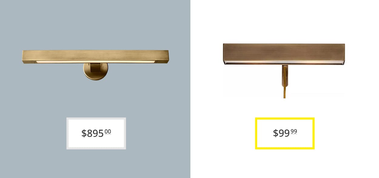 price comparison graphic showing restoration hardware cannele and target's possini euro design brass picture lights