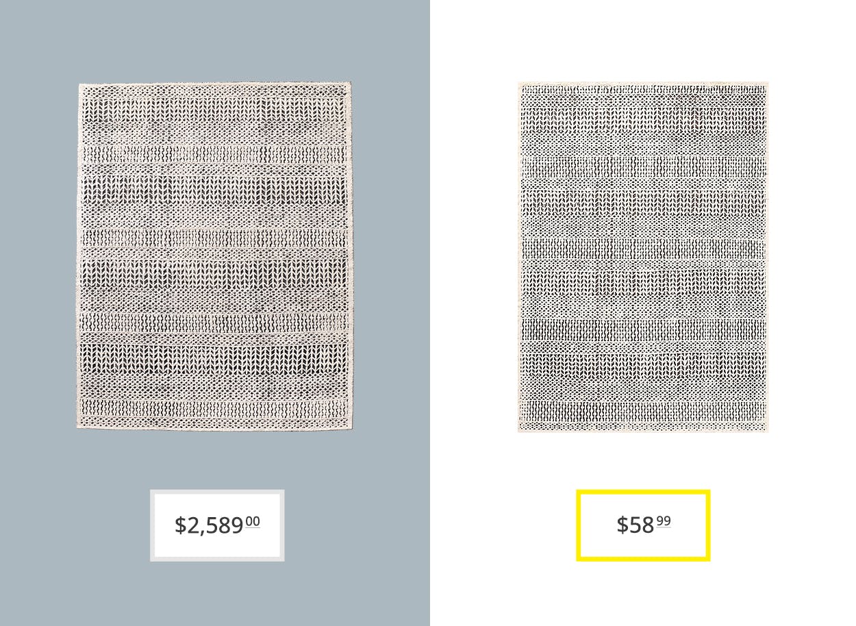 price comparison graphic showing restoration hardware palomar hand-knotted wool and wayfair's alyessa power loomed gray rugs