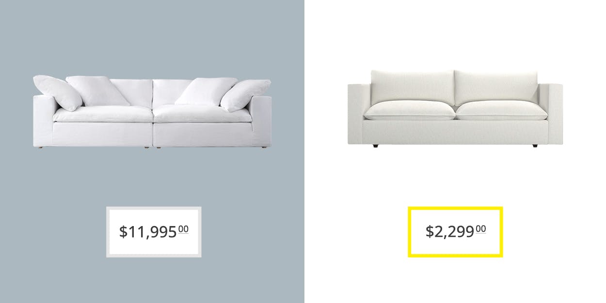 restoration hardware dupes - price comparison graphic showing restoration hardware cloud couch and crate and barrel's lotus deep low sofa