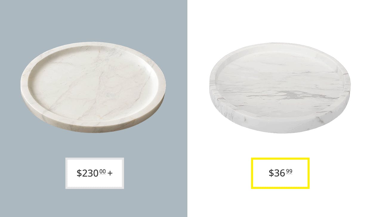 price comparison graphic showing restoration hardware and amazon's natural marble decorative trays