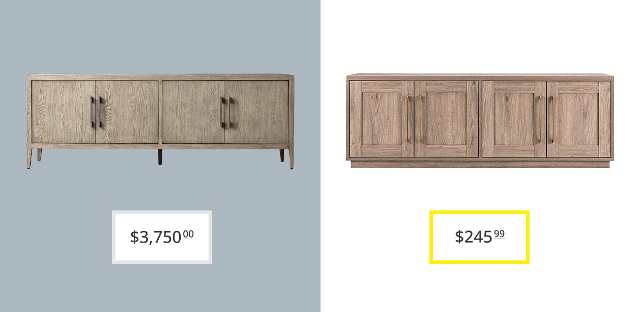 price comparison graphic showing restoration hardware french contemporary 4-door media console and amazon's tillman rectangular tv stands