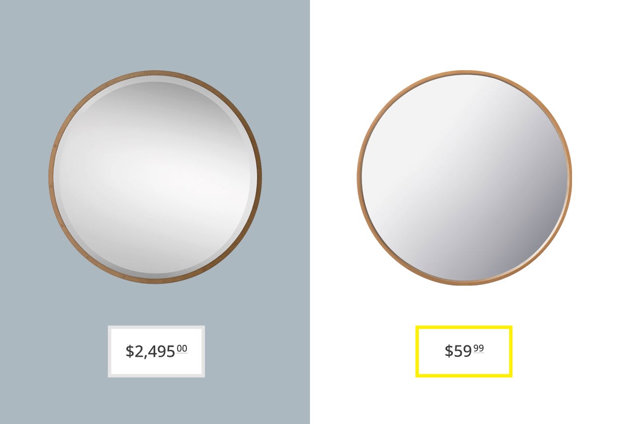 price comparison graphic showing restoration hardware bistro and target's hearth and hand framed round mirrors
