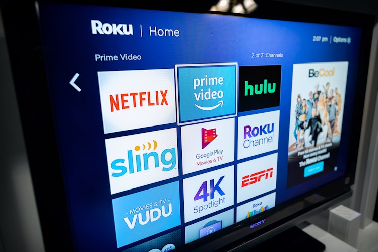 ROku screen with different streaming apps like hulu and amazon prime video available