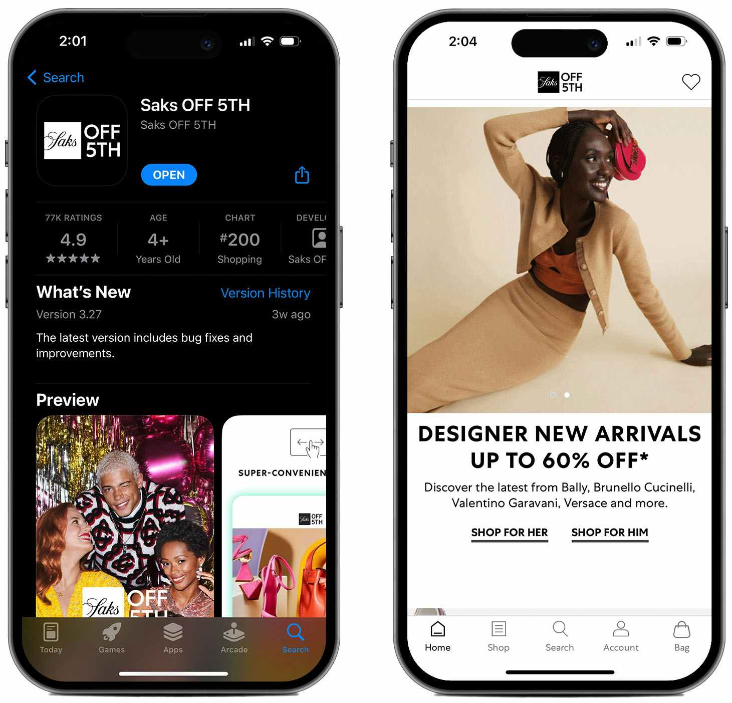 Two phones, one displaying the download screen for the Saks Off 5th app on the app store, and the other displaying the Saks Off 5th app homepage