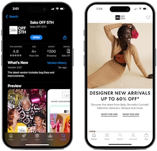 Two phones, one displaying the download screen for the Saks Off 5th app on the app store, and the other displaying the Saks Off 5th app homepage