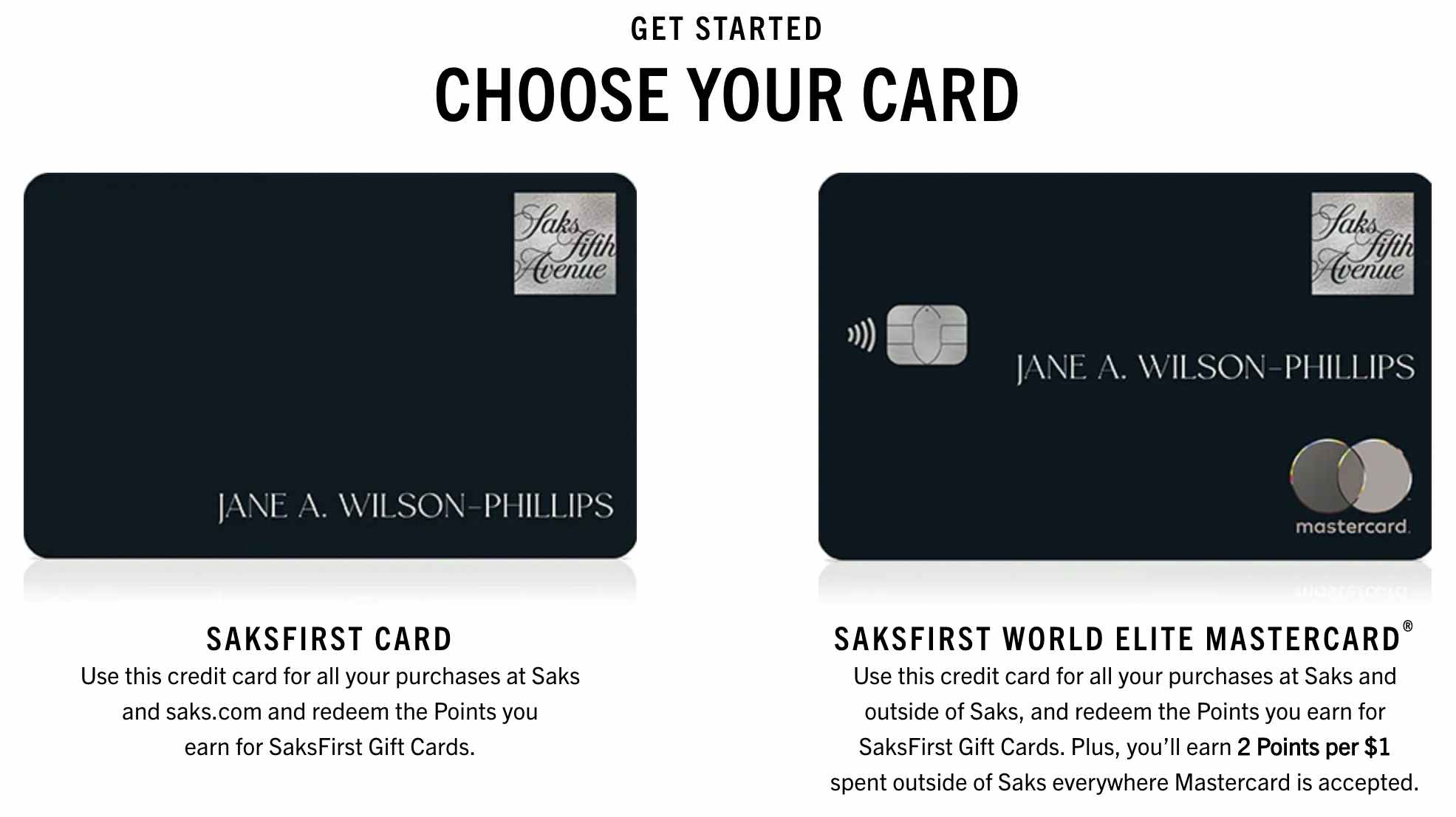 The credit card options for Saks Fifth Avenue