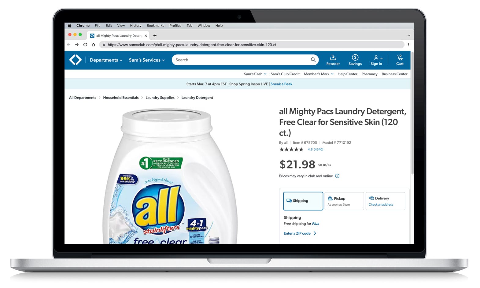 laptop showing all might pacs detergent on sams club website screenshot