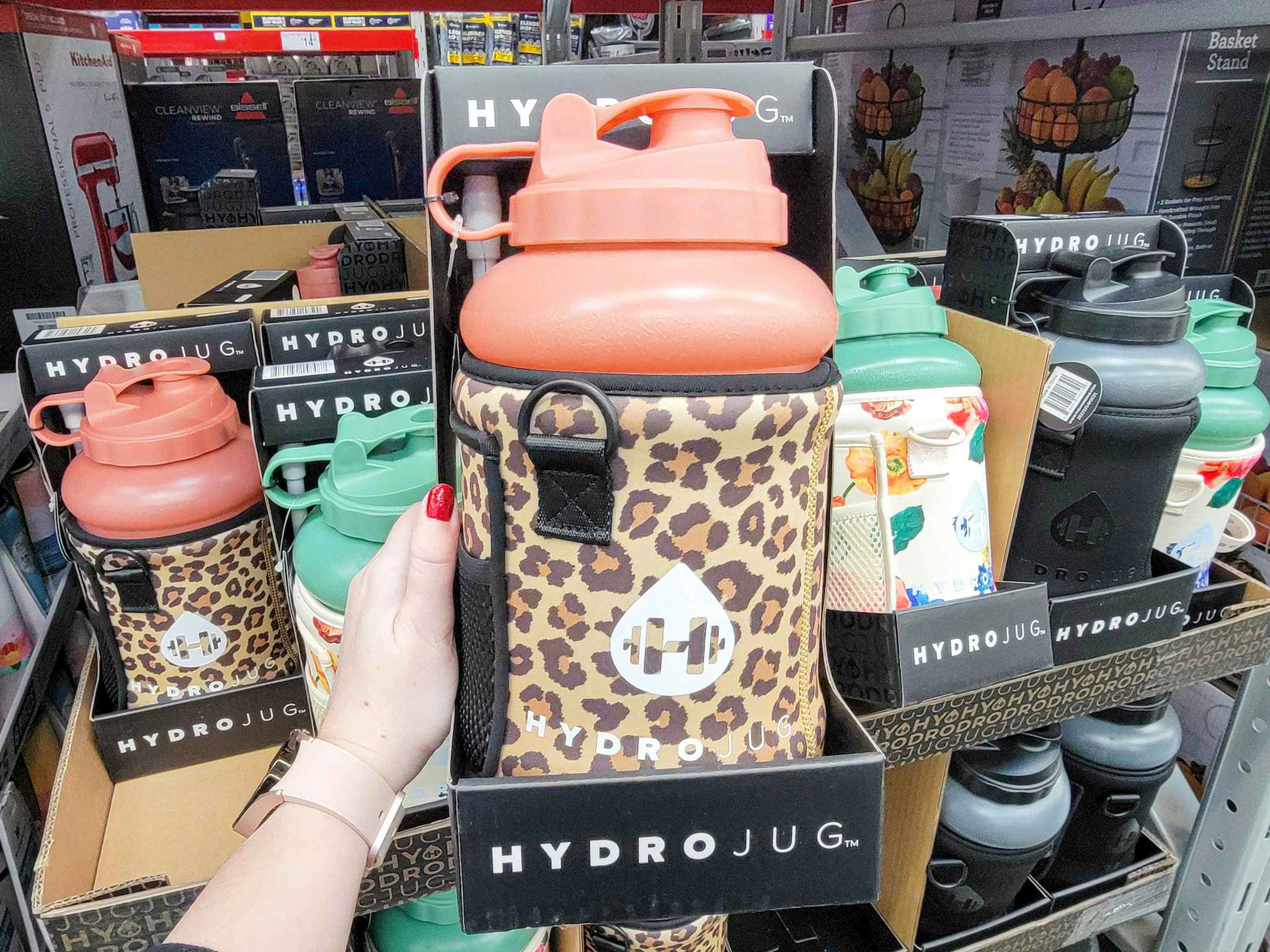 hydrojug water bottle with cheetah print sleeve