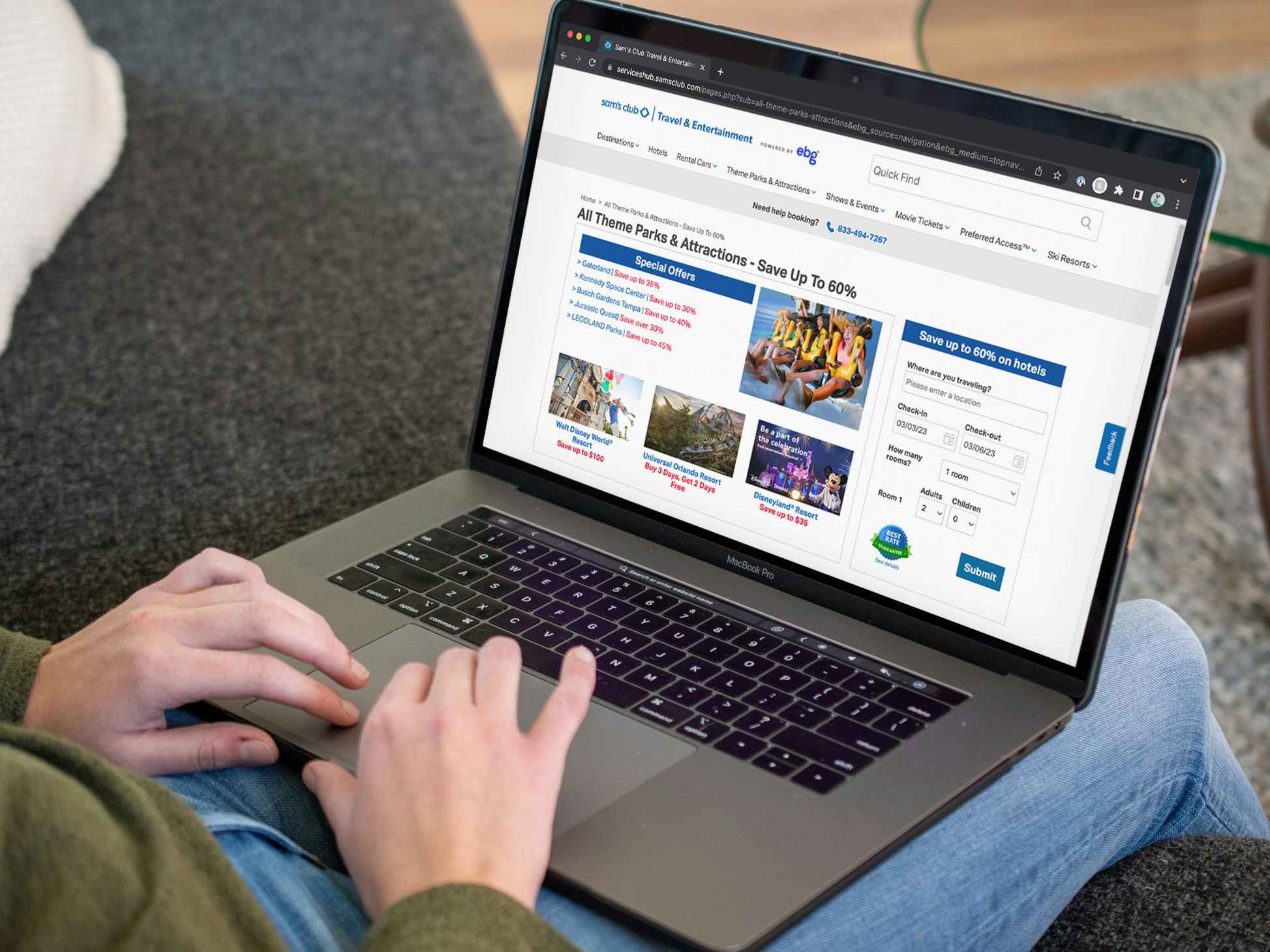 Someone looking at deals on the Sam's Club Travel & Entertainment website