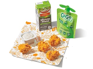 popeyes kids meal with chicken nuggets, milk, and applesauce