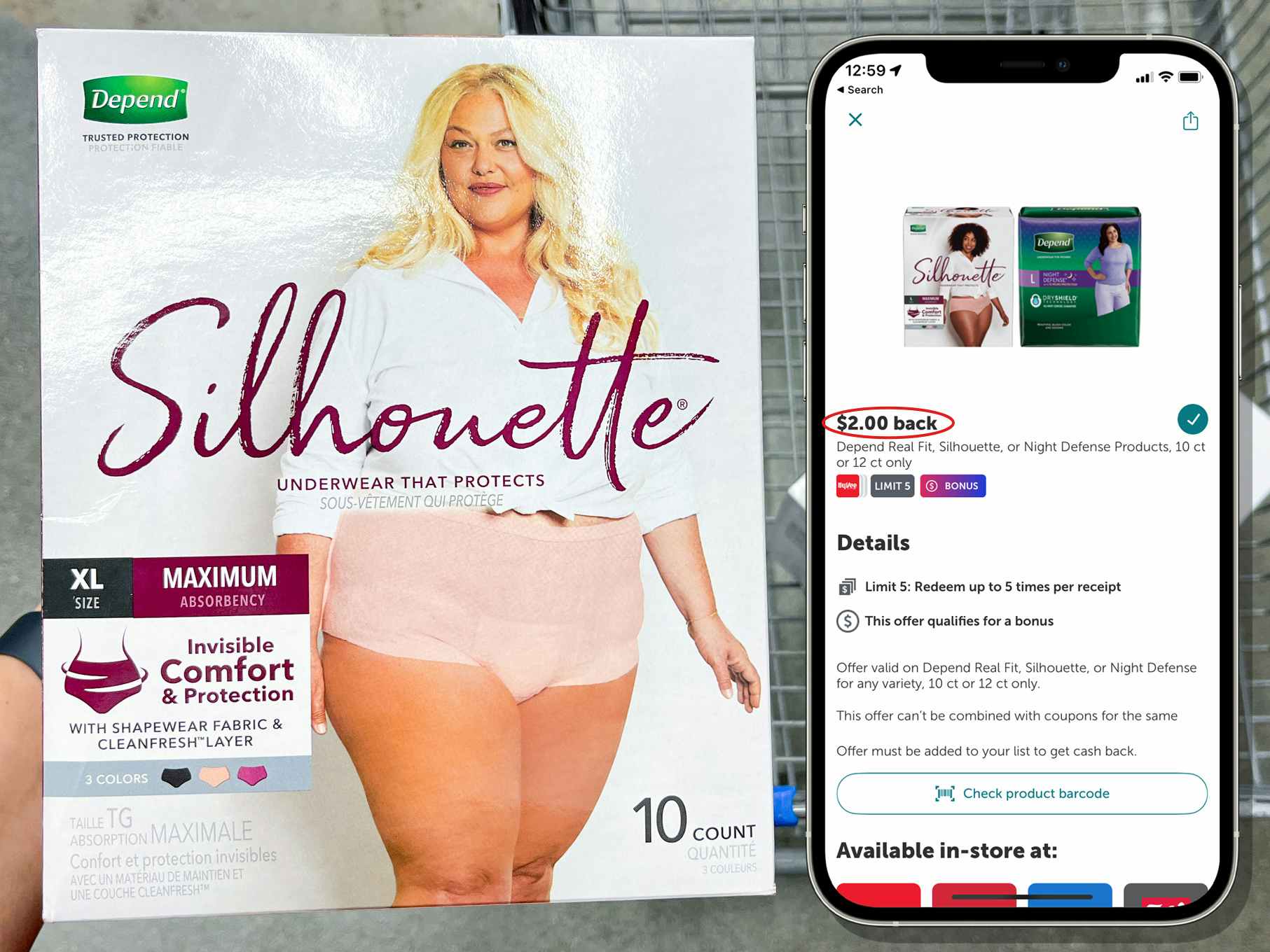 depend silhouette underwear product and phone screenshot of ibotta cashback savings
