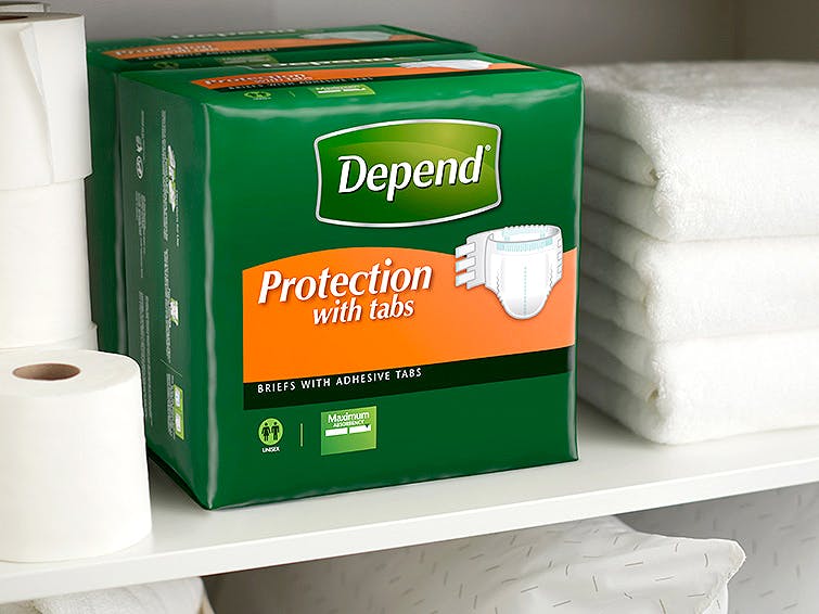 box of depend protection with tabs underwear on shelf