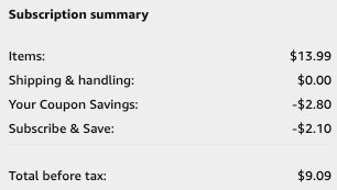 screenshot of S&S, coupon and final price