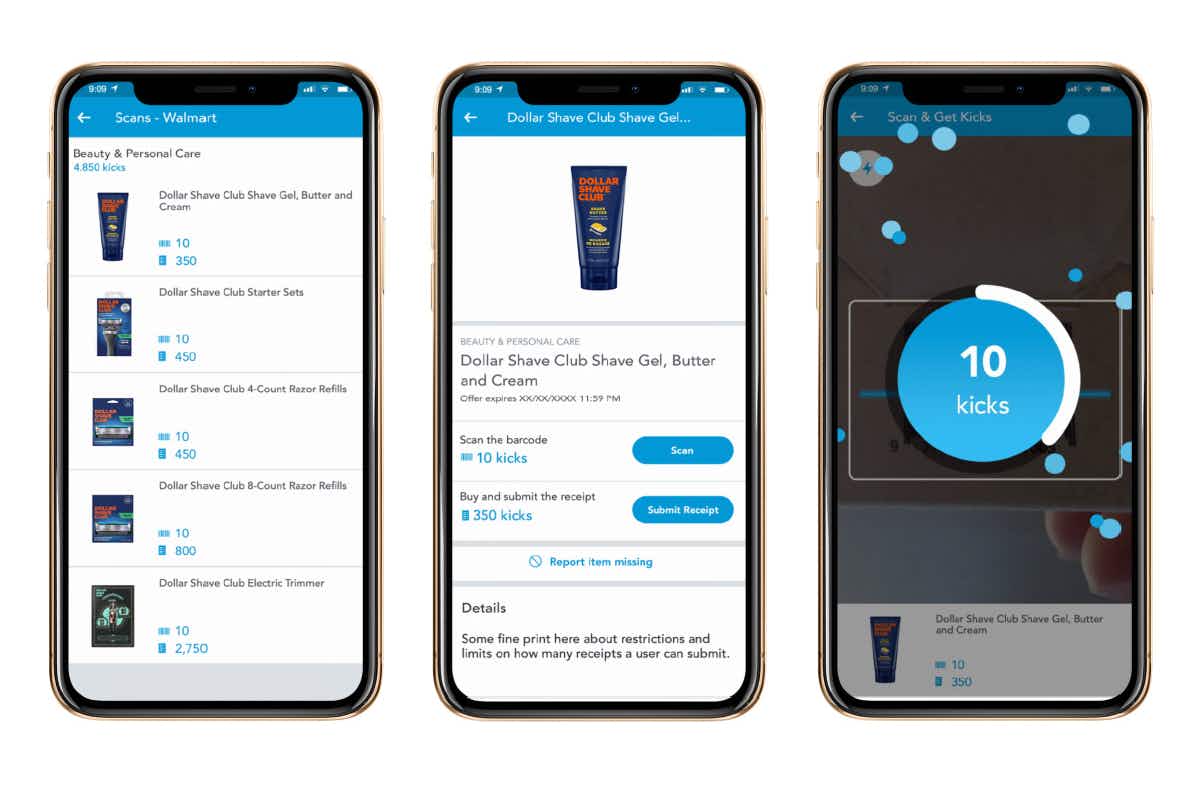 three smartphones showing the process for earning kicks on Dollar Shave Club products from Walmart by scanning the barcode and submitting your reecipts in the Shopkick app