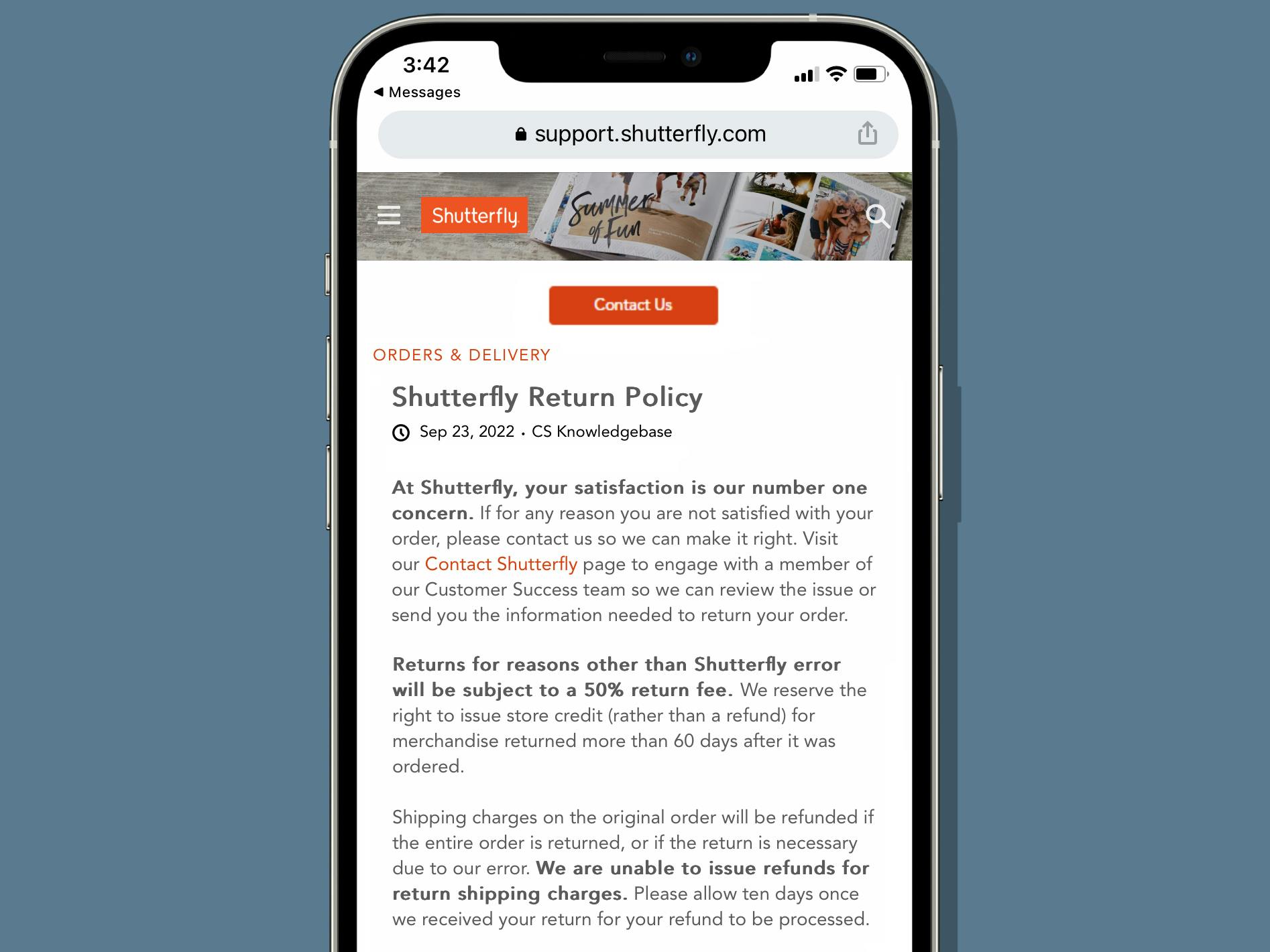 iphone screenshot of shutterfly return policy terms