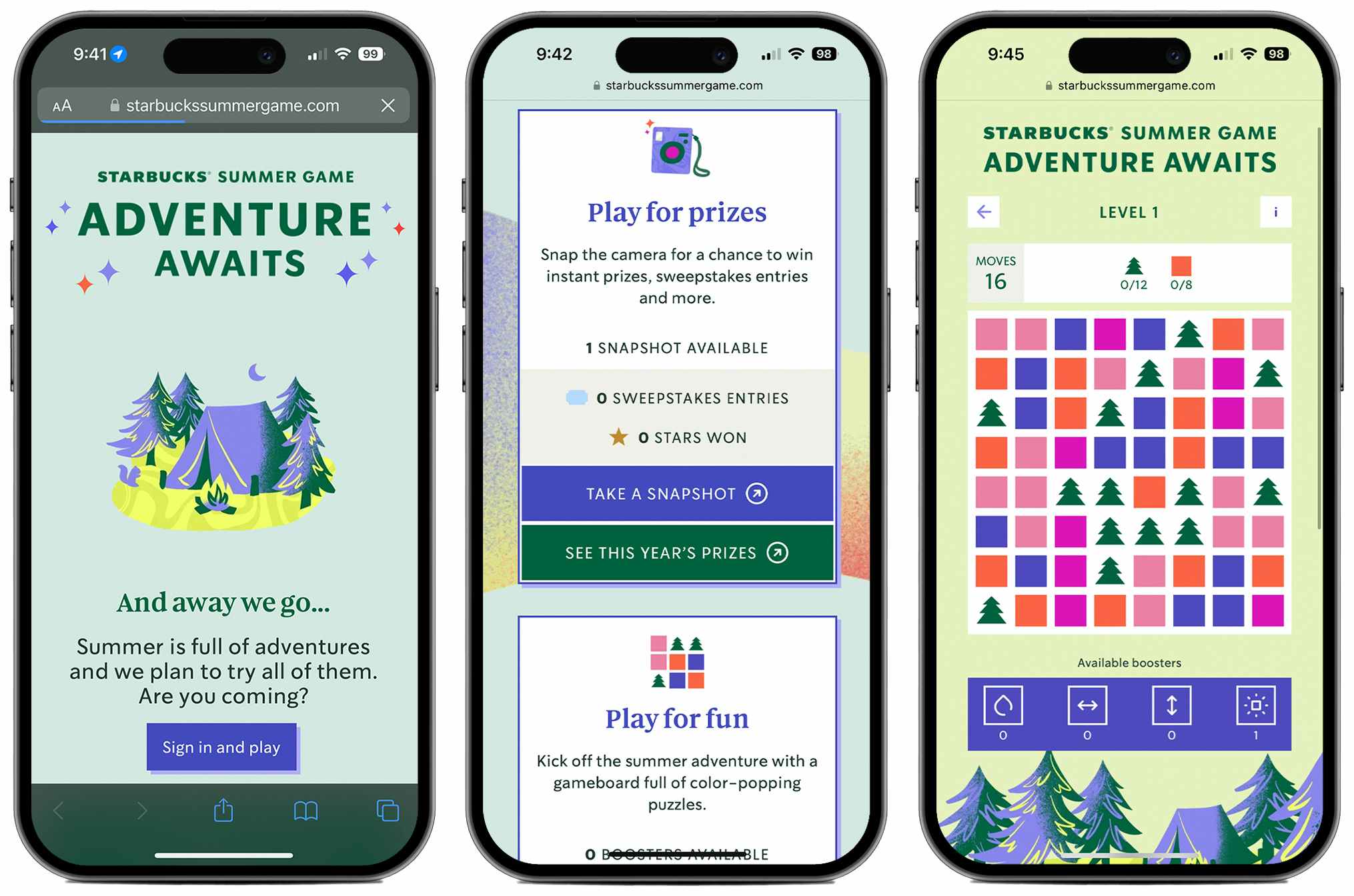 Three phones showing pages from the Starbucks Summer Game