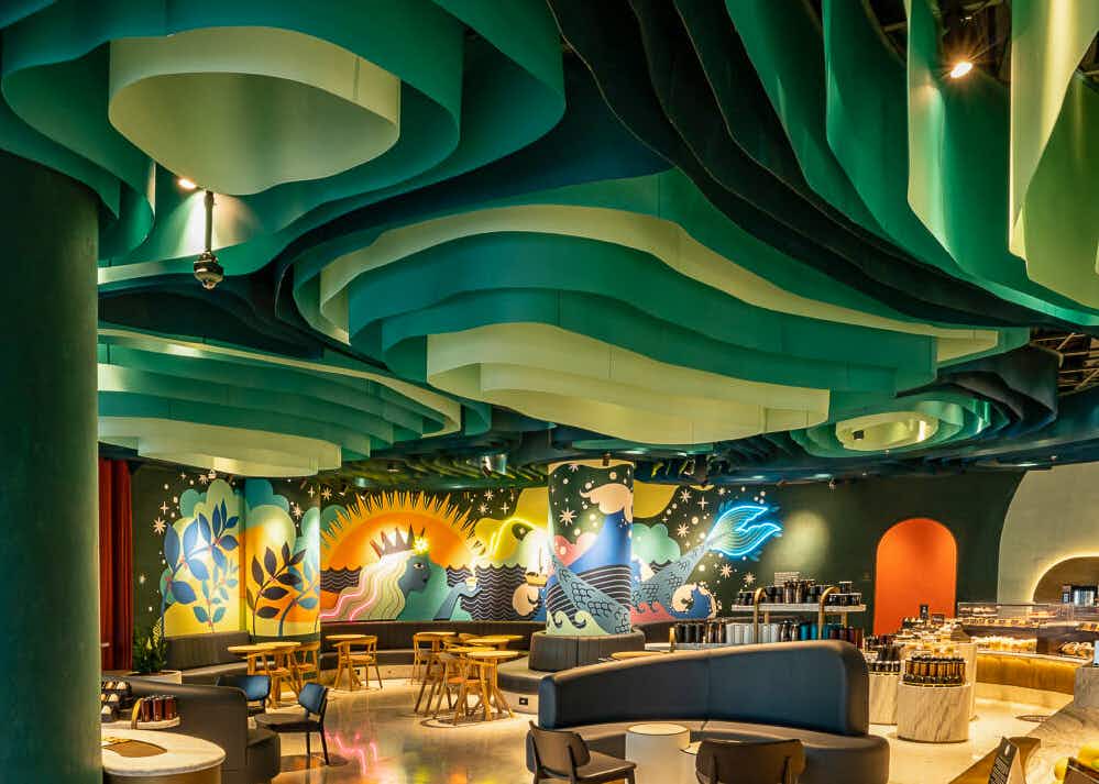The interior of a Starbucks location in Dubai