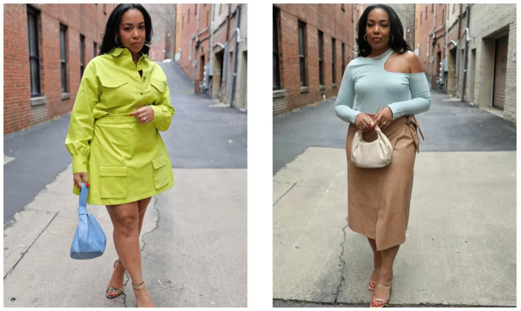 Two photos of influencer marcherrobinson wearing styles she created for The Drop on Amazon