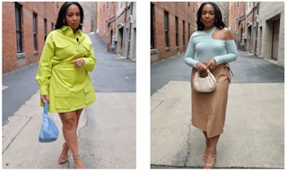 Two photos of influencer marcherrobinson wearing styles she created for The Drop on Amazon