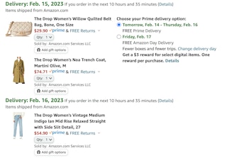 A screenshot of the delivery estimate for Amazon items from The Drop