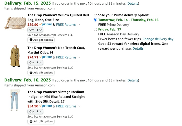 A screenshot of the delivery estimate for Amazon items from The Drop