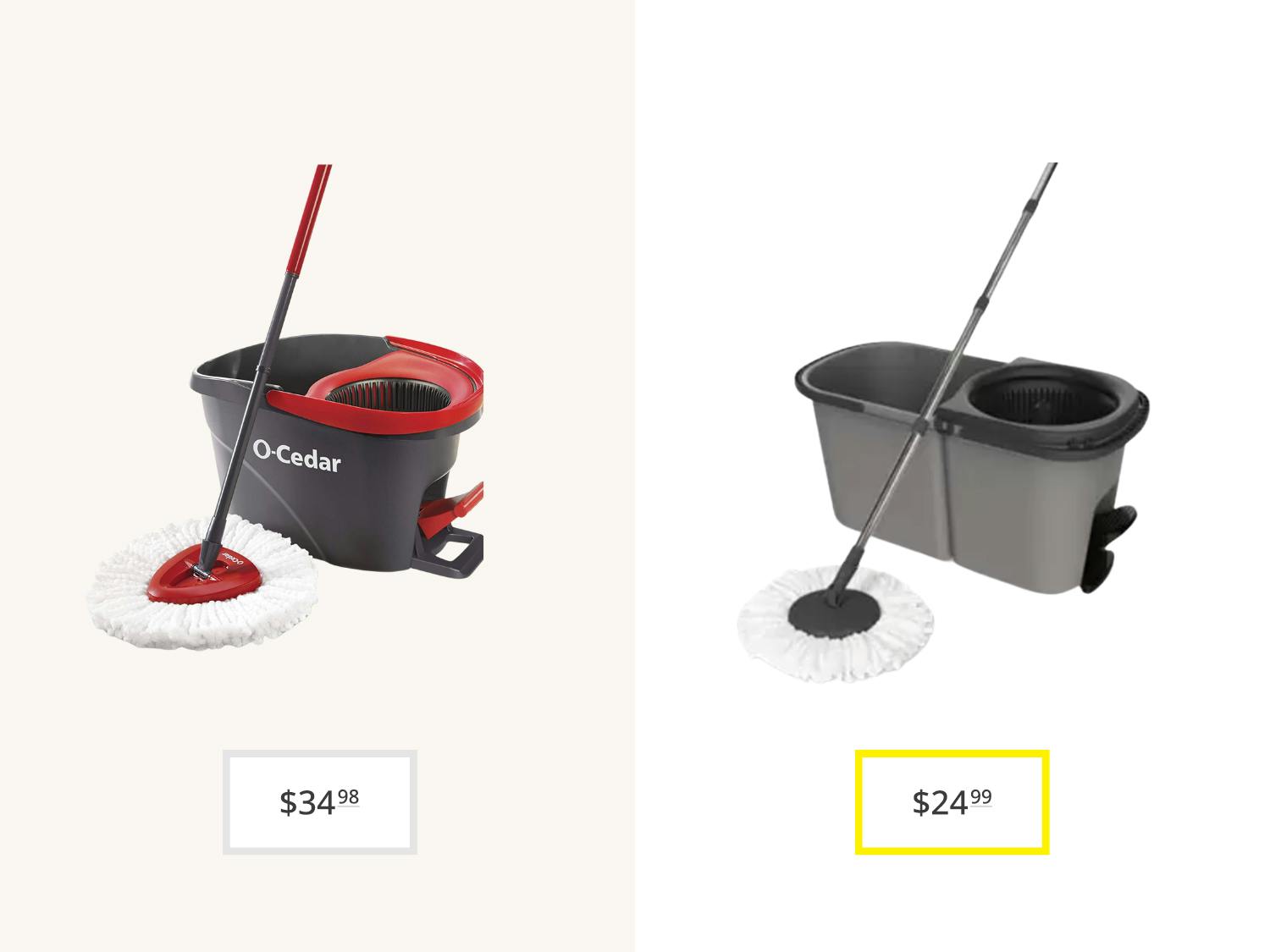 side-by-side comparison price graphic of o-cedar spin mop system and aldi easy home spin mop
